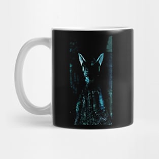 Digital collage, special processing. Strong, muscular men figure, arabian skirt, dark room. Demon. Light blue. Mug